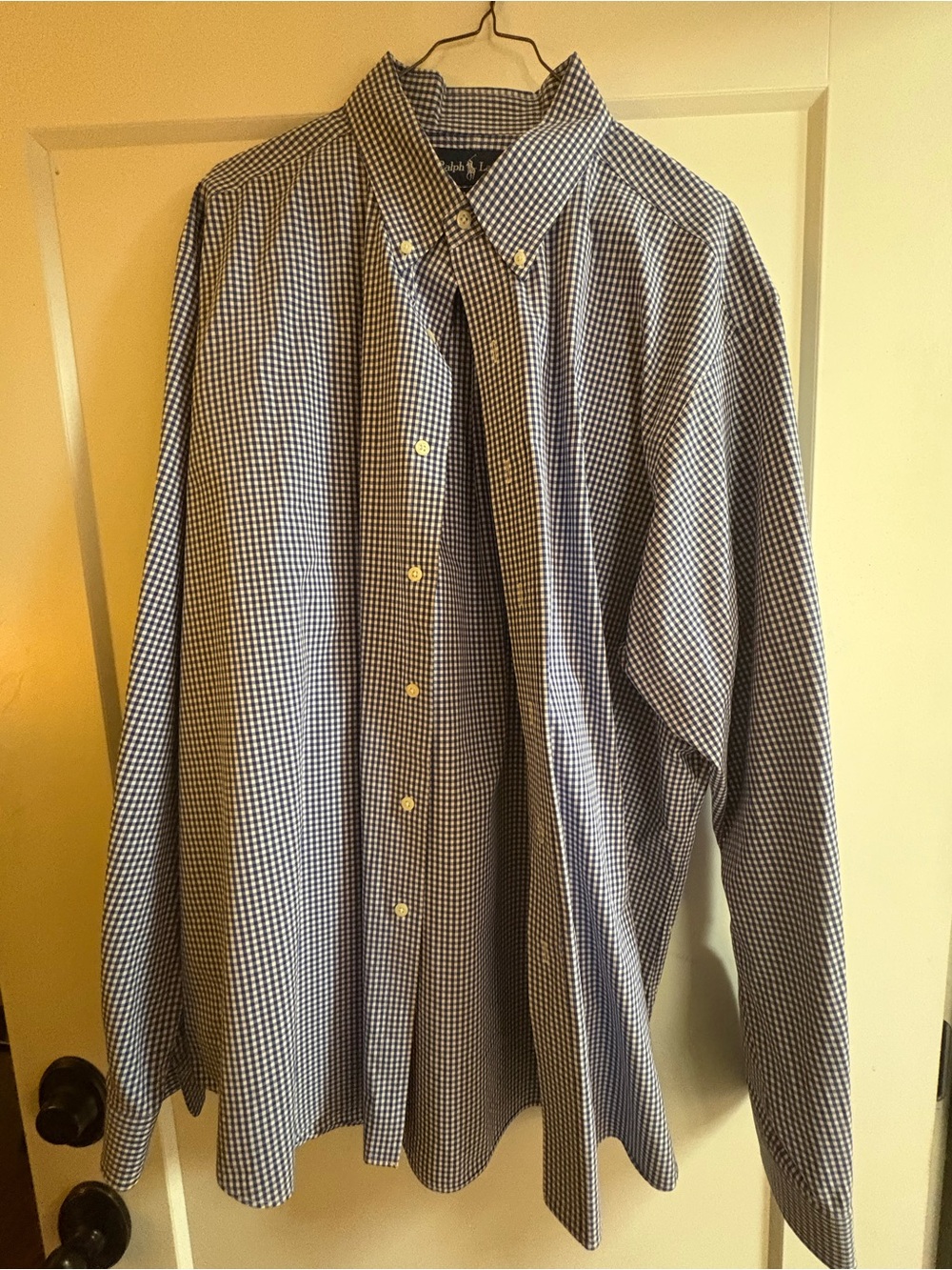 RALPH LAUREN Men’s Button Down in Dark Blue Check with deep brown emblem//XXL